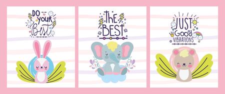 friendship day cute little animals flowers lettering cards vector illustrationのイラスト素材
