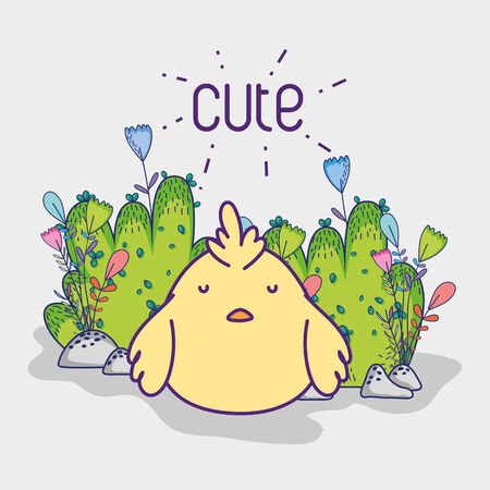cute little chicken bushes flowers decoration vector illustrationのイラスト素材
