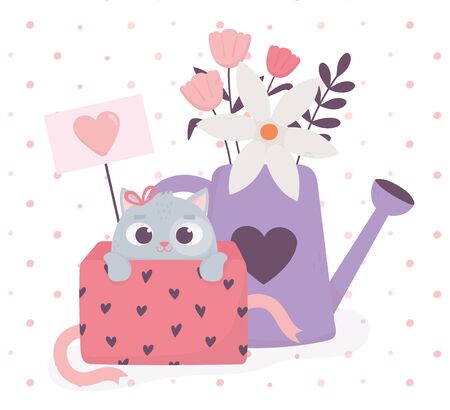 happy valentines day cute cat in gift box and watering can with flowers love hearts vector illustrationのイラスト素材