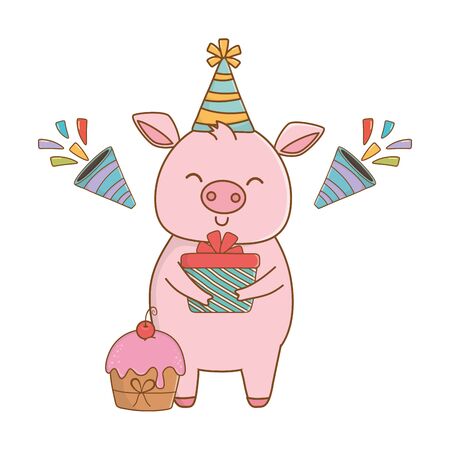 Pig cartoon design, Animal happy birthday celebration decoration and surprise theme Vector illustrationのイラスト素材