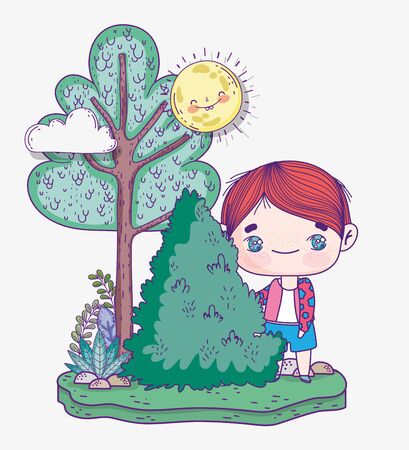 kids, cute little boy behind bush tree plants sunny day vector illustrationのイラスト素材