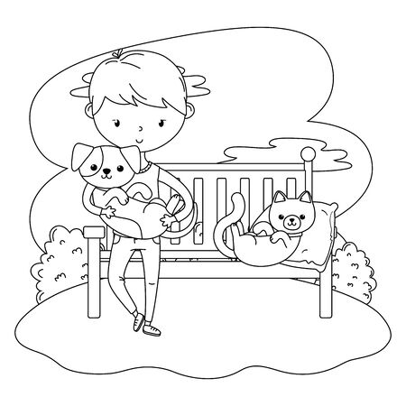 Boy with cat and dog cartoon design, Mascot pet animal domestic cute life nature and fauna theme Vector illustrationのイラスト素材