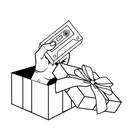 Pop art gift box with hand holding music cassette cartoon vector illustration graphic designのイラスト素材