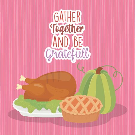 happy thanksgiving day baked turkey and green pumpkin cakeのイラスト素材