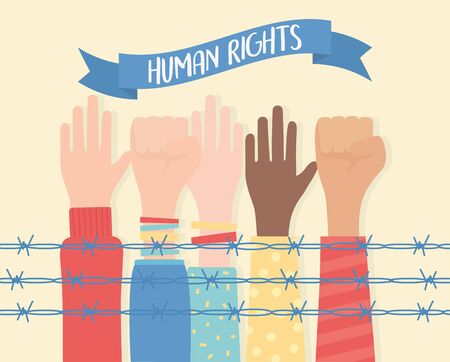 human rights, raised and fist hands diversity behind barbed wireのイラスト素材