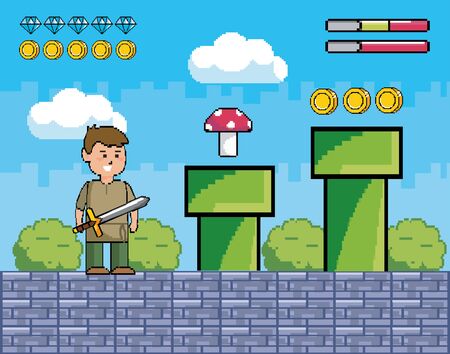 boy with sword and tubes with fungus and coins to videogame scene vector illustrationのイラスト素材