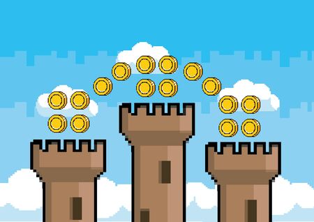 Arcade game world design, Pixel scene art retro and videogame theme Vector illustrationのイラスト素材