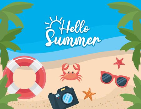 palms trees with float and crab with starfishes and camera in the beach to summer poster vector illustrationのイラスト素材