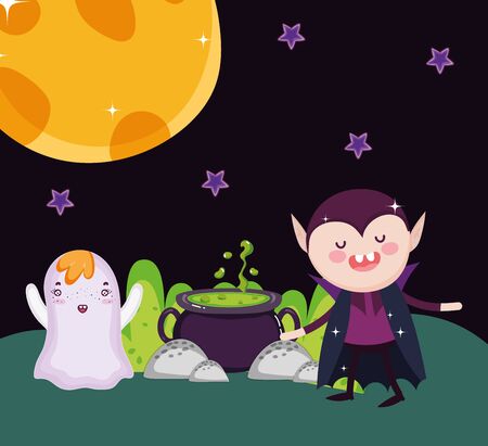 dracula and ghost with cauldron spell halloweenのイラスト素材