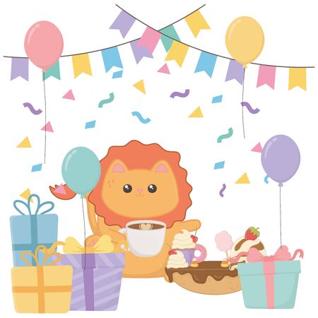 Lion cartoon design, happy birthday celebration decoration party festive and surprise theme Vector illustrationのイラスト素材
