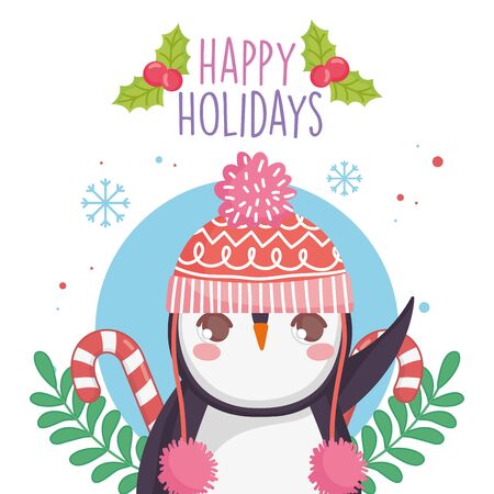 cute penguin with warm hat candy canes merry christmasのイラスト素材