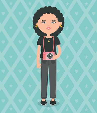 cute woman with camera photographic street style characterのイラスト素材