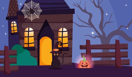 black cat lantern pumpkin house trick or treat - happy halloween vector illustrationのイラスト素材
