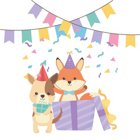 Cartoons design, Animal happy birthday celebration decoration and surprise theme Vector illustrationのイラスト素材