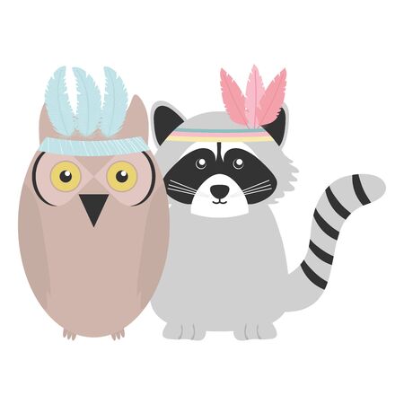 owl bird and raccoon with feathers hats bohemian styleのイラスト素材