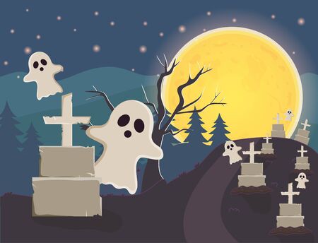 ghosts in the cemetery night trick or treat - happy halloween vector illustrationのイラスト素材