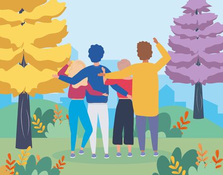 girls and boys couple with pines trees to happy youth day vector illustrationのイラスト素材