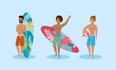 set of men wearing bathing shorts with surfboard and ballのイラスト素材