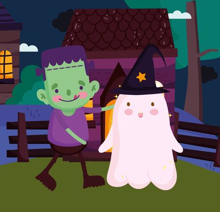 frankenstein and ghost with hat costume halloween vector illustrationのイラスト素材