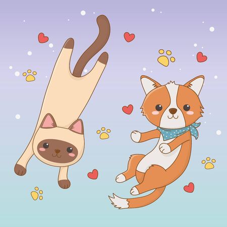 Little cats mascots with paw prints and hearts patternのイラスト素材