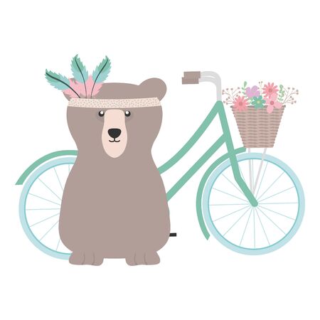 Bear grizzly with feathers hat in bicycle bohemian styleのイラスト素材