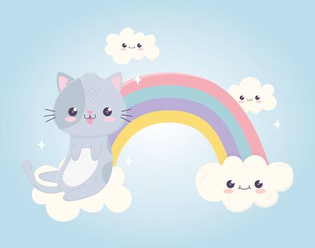 cartoon cute cat with tongue out in rainbow cloudsのイラスト素材