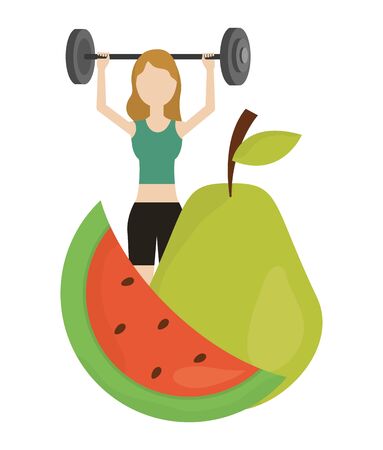woman with dumbbell watermelon and pear health food vector illustrationのイラスト素材