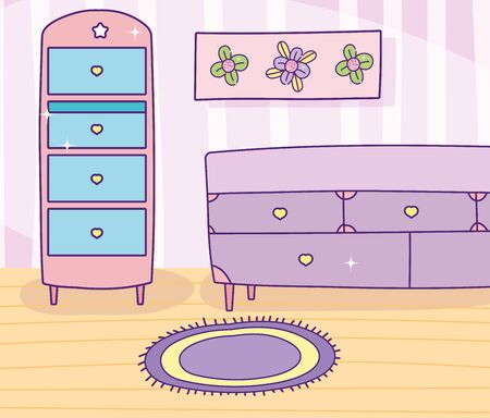 room drawers furniture cabinet picture flowers and carpetのイラスト素材