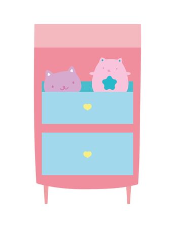 wooden drawers with toys cats on white backgroundのイラスト素材