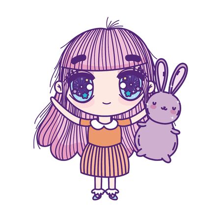 kids, cute little girl anime cartoon holding fluffy bunny vector illustrationのイラスト素材