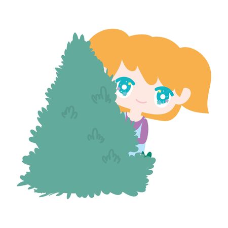 kids, little girl anime cartoon behind bush foliage forestのイラスト素材
