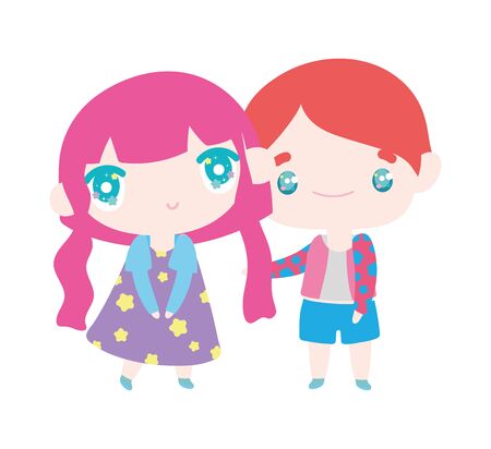 kids, little girl and boy anime cartoon characters vector illustrationのイラスト素材