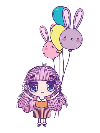 kids, little girl anime cartoon with balloons shaped rabbitsのイラスト素材