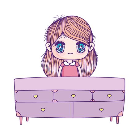 cute little girl cartoon behind furniture drawersのイラスト素材