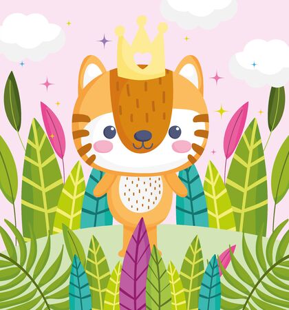 cute animals, little tiger with crown foliage leaves nature clouds vector illustrationのイラスト素材