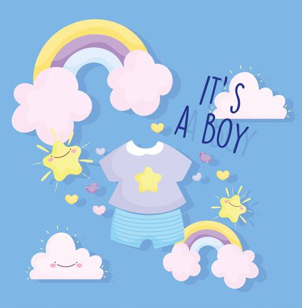 boy or girl, gender reveal its a boy clothes rainbow clouds stars card