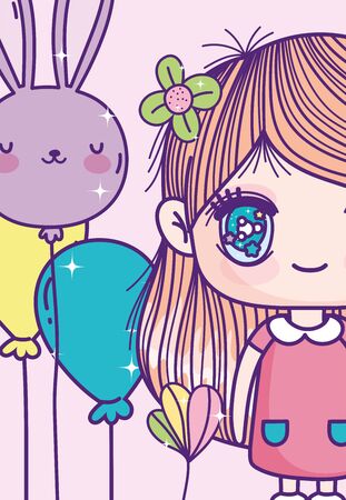 anime cute girl with flower in hair balloonsのイラスト素材
