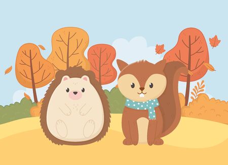 cute animal foliage hello autumnのイラスト素材