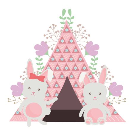 cute little rabbit with tent and floral decoration vector illustration designのイラスト素材