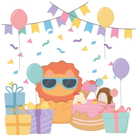Kawaii lion with happy birthday cake designのイラスト素材
