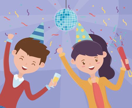 happy couple with disco ball ceofetti hats celebration partyのイラスト素材
