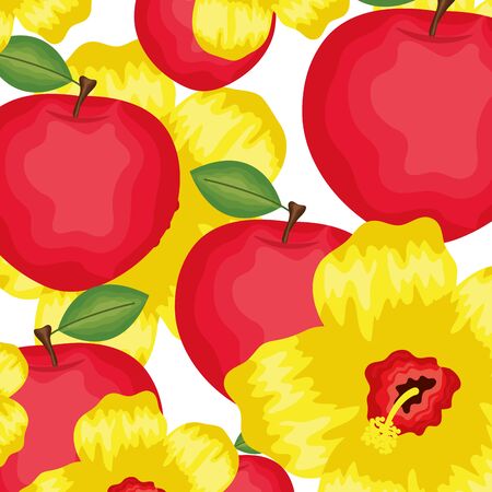 fresh apples fruits and flowers patternのイラスト素材