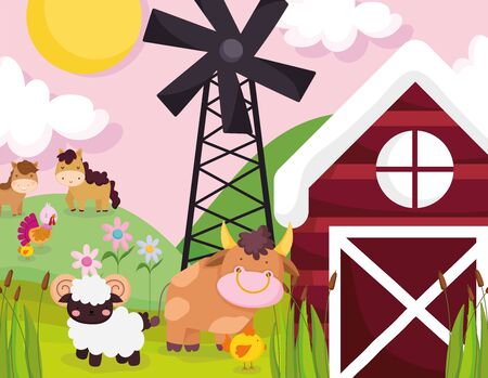 farm animals horses bull goat windmill barn meadow skyのイラスト素材
