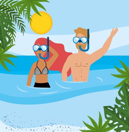 woman and man wearing swimsuit and bathing shorts with snorkel masksのイラスト素材