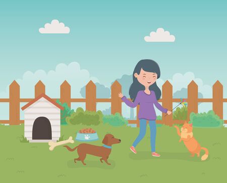young woman with cute little dog and cat mascots in the fieldのイラスト素材