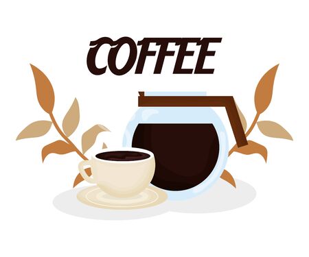 maker and cup leaves fresh beverage coffee time vector illustrationのイラスト素材