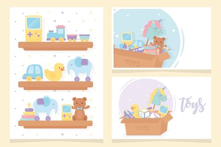 wooden shelves and boxes cartoon kids toysのイラスト素材