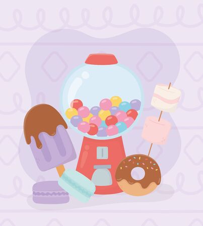 sweet products bubble gum machine ice cream donut macaron marshmallow vector illustrationのイラスト素材