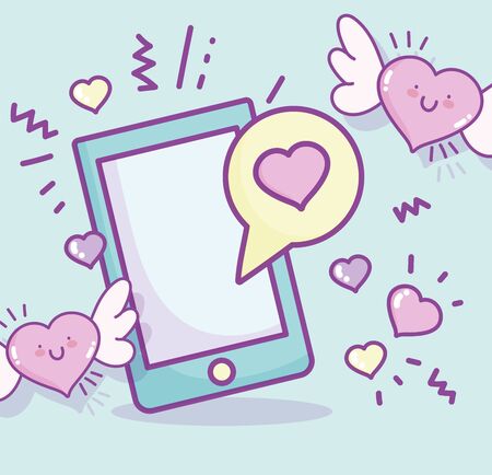 happy valentines day, smartphone message love hearts wings cartoonのイラスト素材