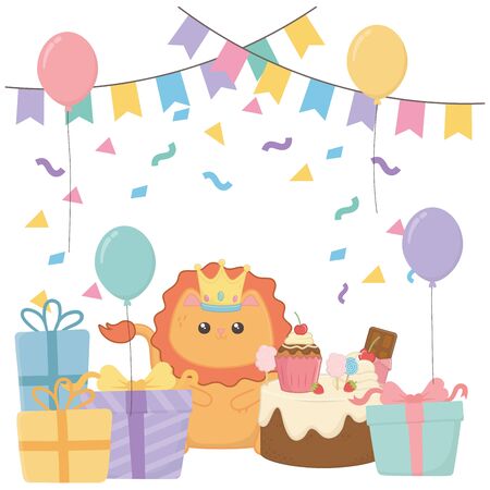 Kawaii lion with happy birthday cake designのイラスト素材